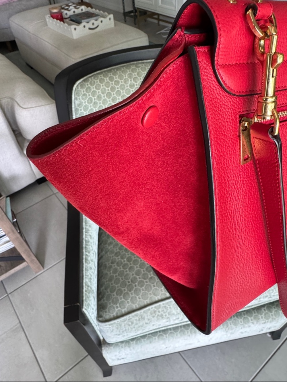 Celine Trapeze Red l Leather and Suede Shoulder Bag with Top Handle EUC - Picture 7 of 16